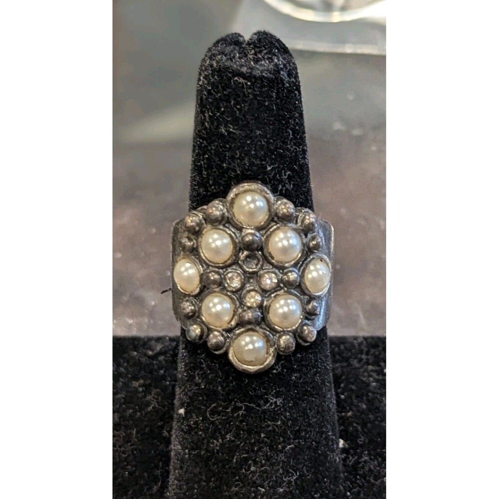 Vintage Silver Tone Faux Pearl Rhinestone Cluster Statement Ring Size 7